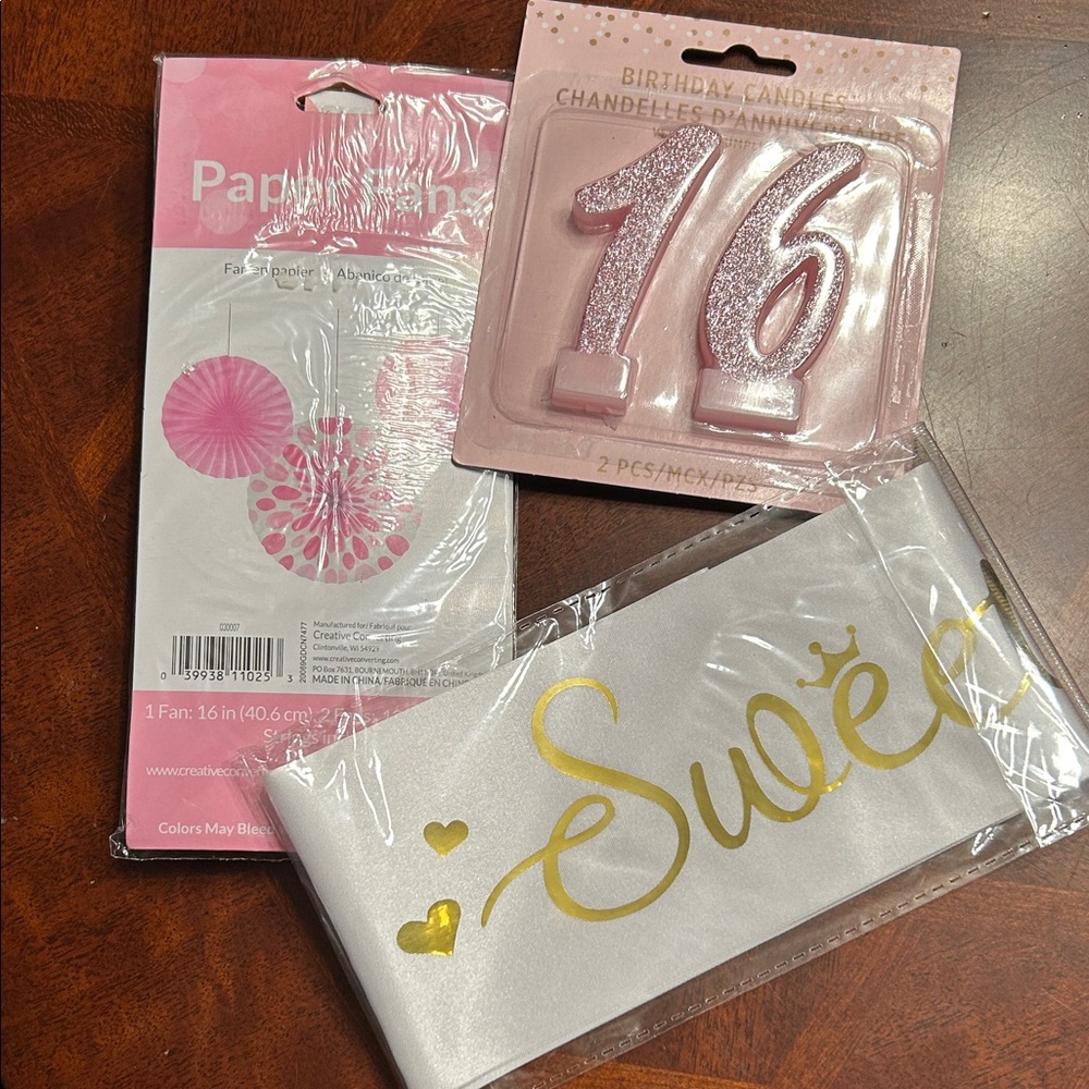 Sweet 16 Pink Glitter Birthday Candles, White Sweet 16 Sash and 3 Paper Fans